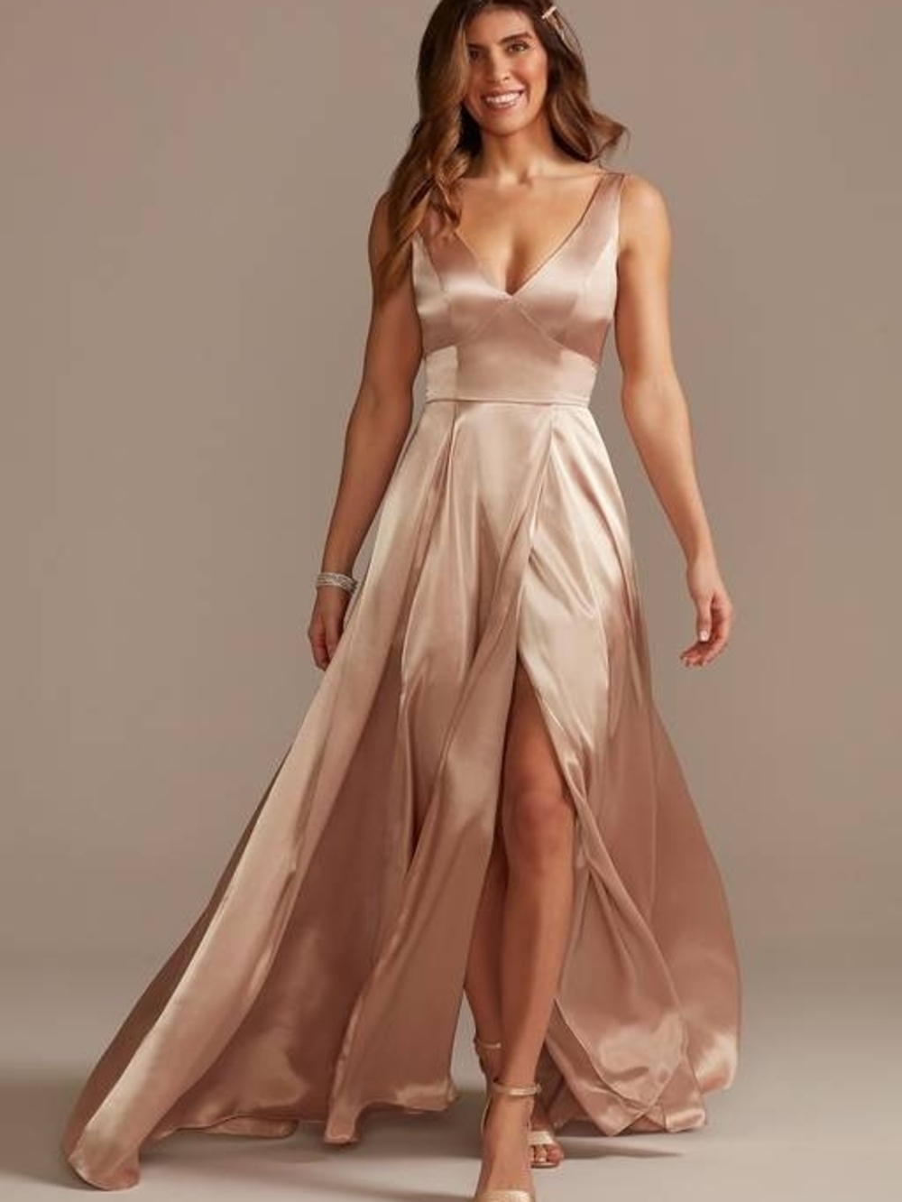 David's Bridal Galina Signature Satin V-Neck A-Line Evening Dress in Blush